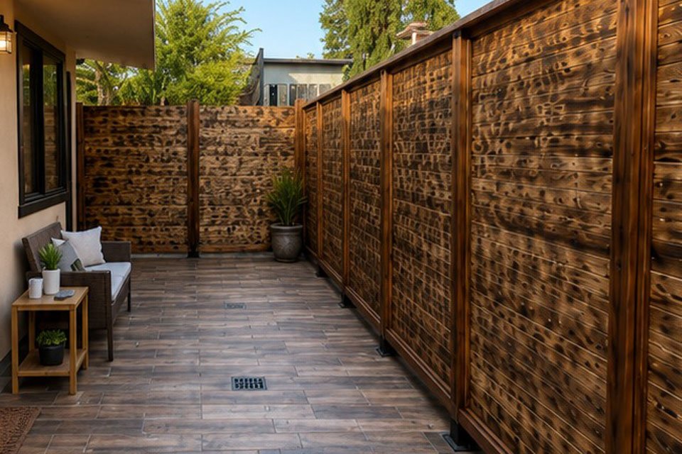 Custom wood privacy fence and outdoor tile work
