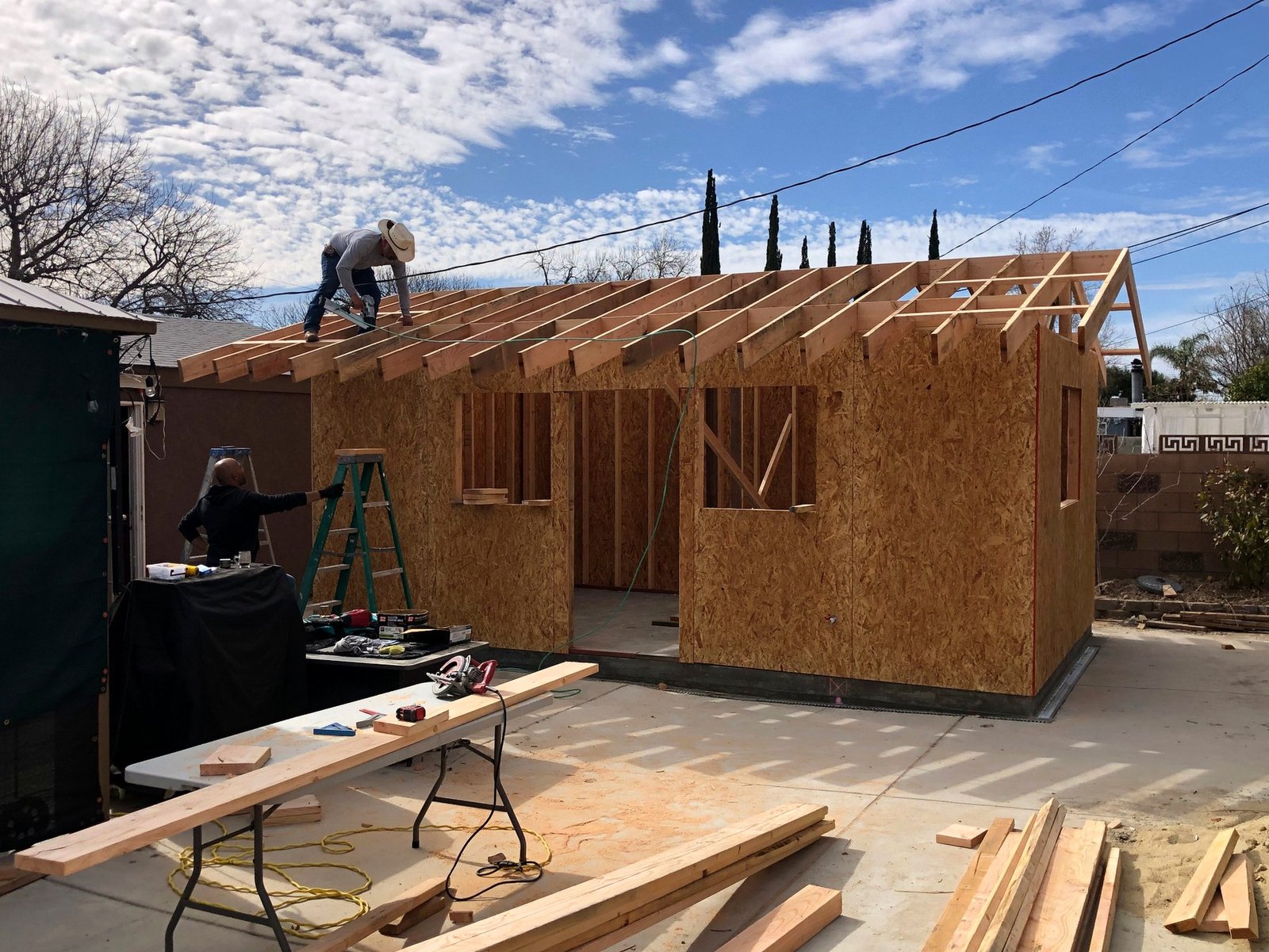 Roof rafters under construction on the Santa Clarita ADU