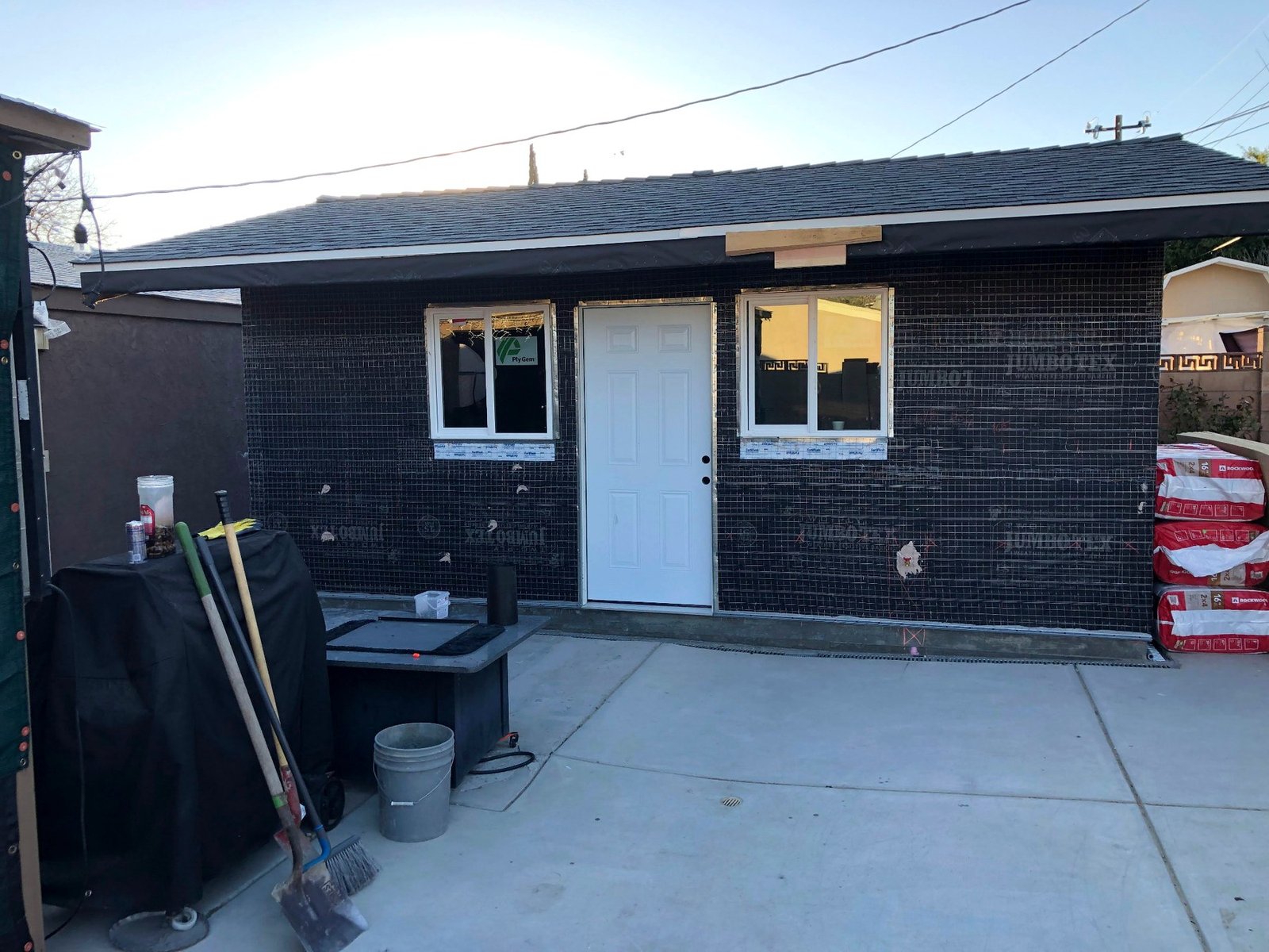 Santa Clarita ADU with exterior sheathing, roof and window openings in place