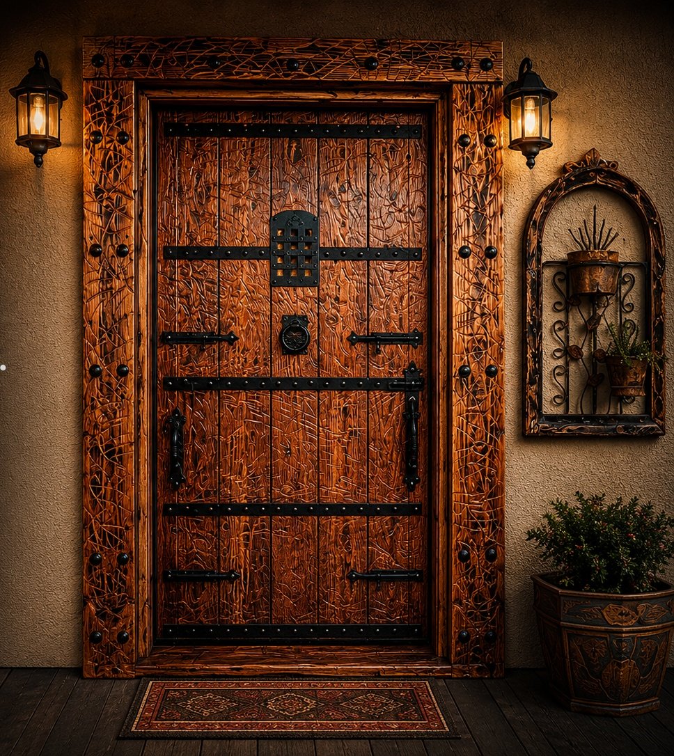 Custom old-world inspired door built by Eming Construction